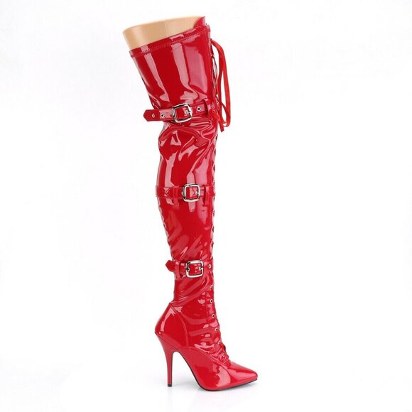 Red Patent Triple Buckle Thigh High Heel Boots - Picture 1 of 4
